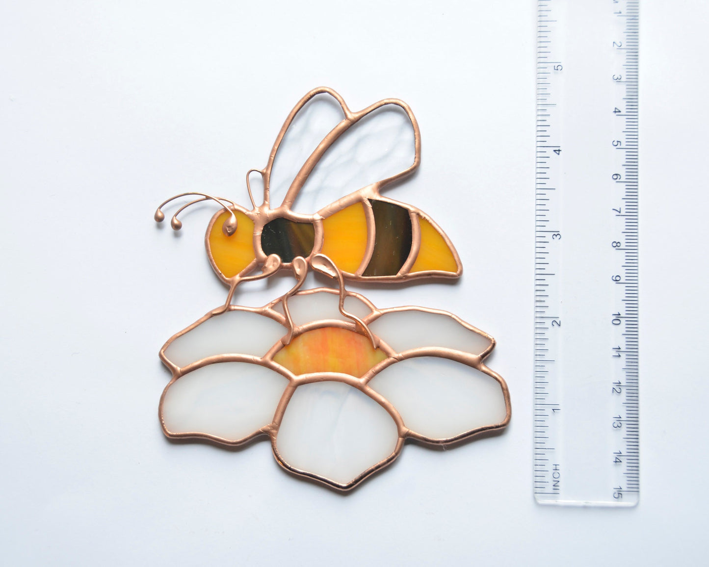 Stained glass hanging bee suncatcher for window
