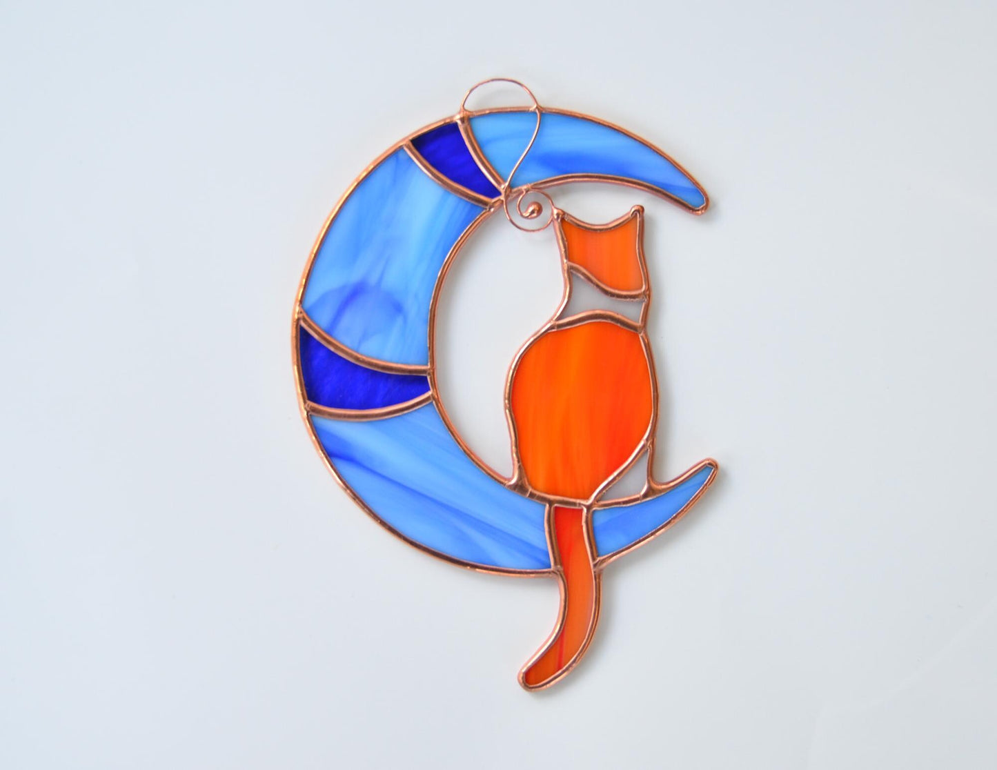 Stained glass cat on moon window hanging, orange cat suncatcher