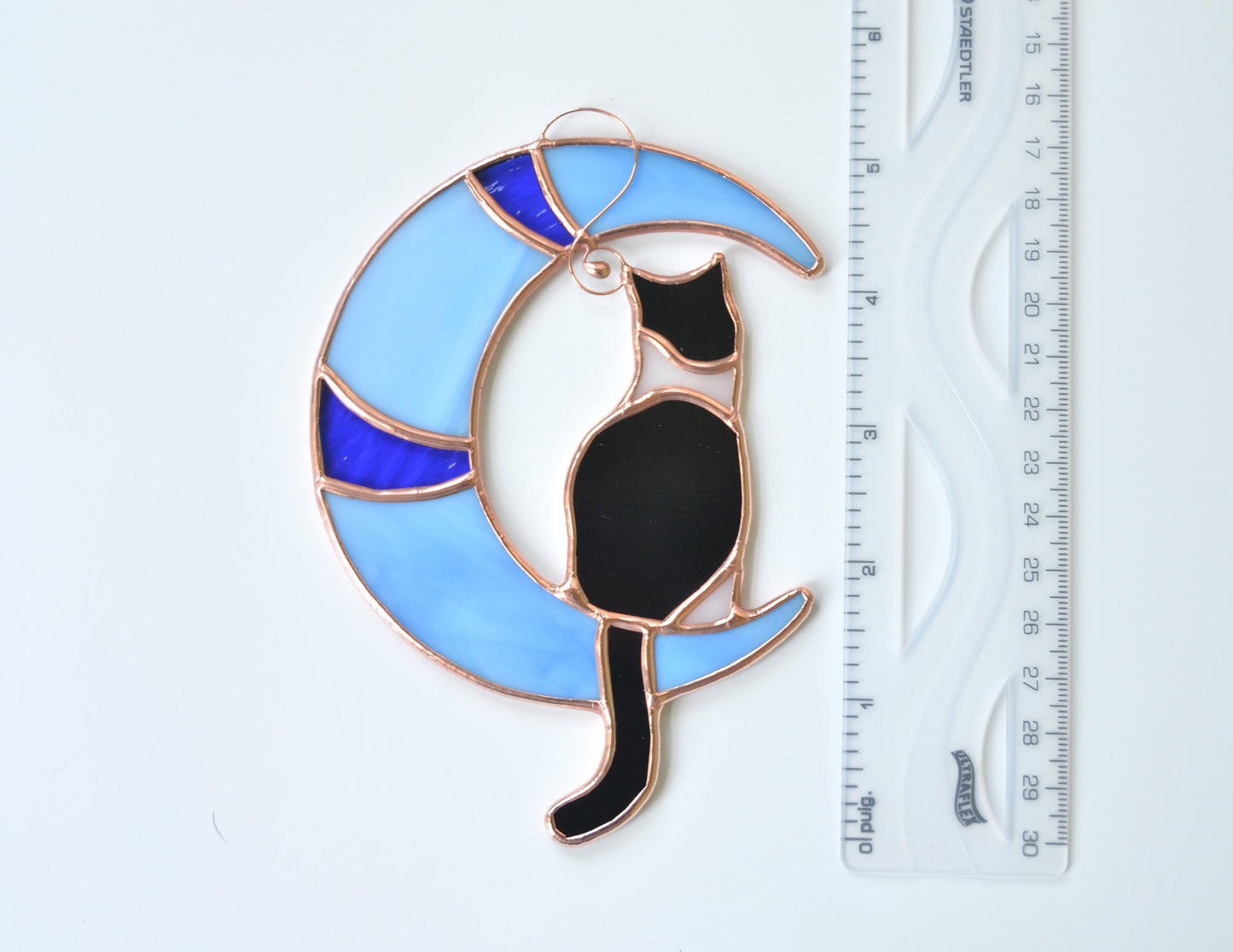 Tuxedo Cat on Moon Stained Glass Window Hanging Suncatcher, Pet Lost Gift