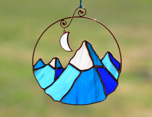 Stained glass mountains window hangings, unique mountain lover gift, nature home decor suncatcher