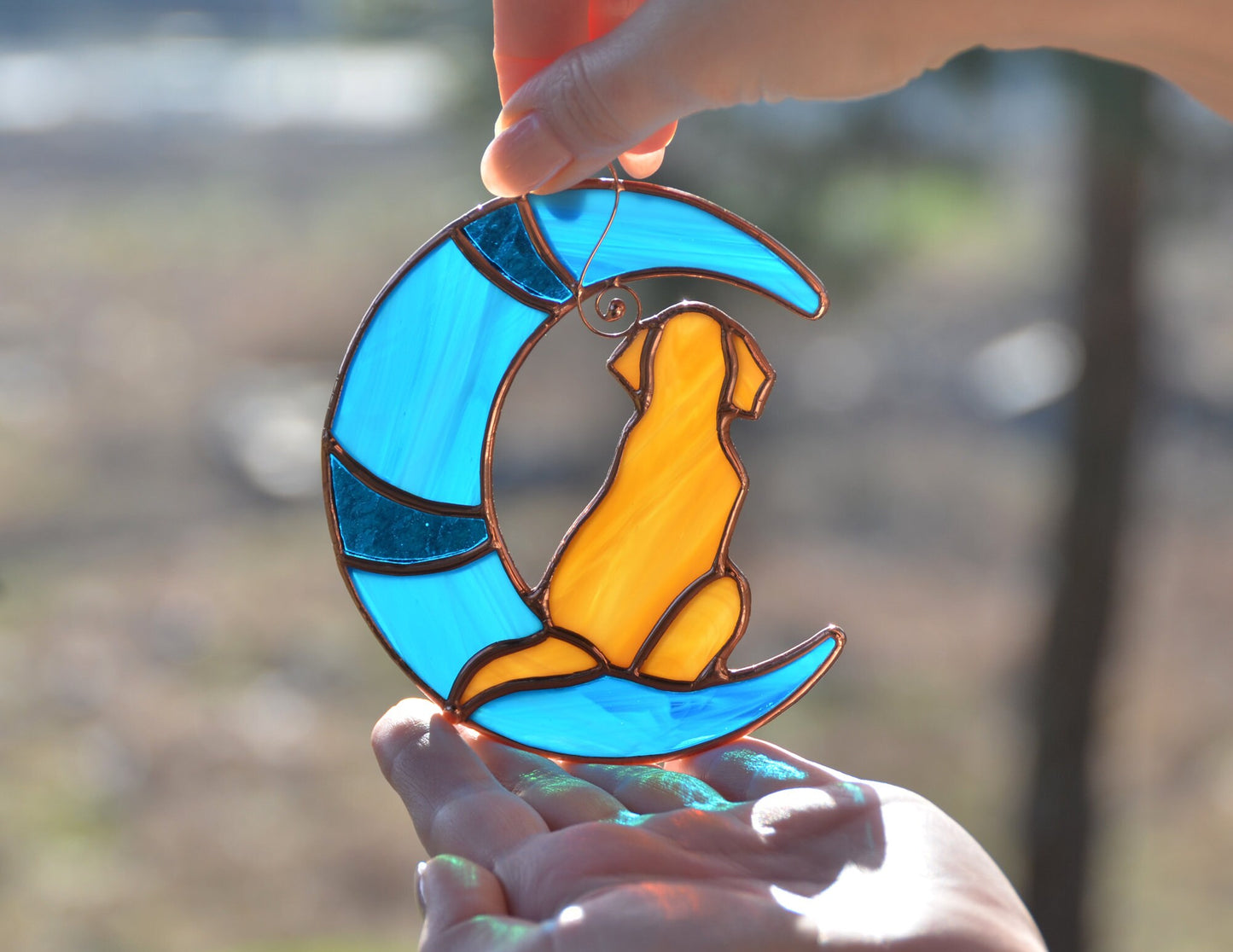 Stained Glass Dog on Moon – Pet Memorial Suncatcher – Dog Loss Sympathy Gift – Window Hanging Keepsake – Celestial Dog Decor