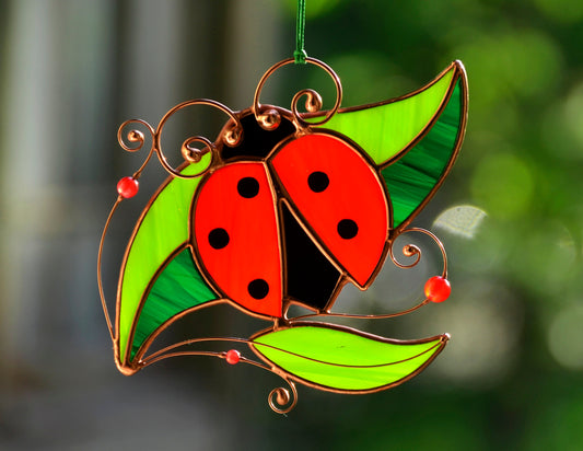 Stained glass ladybug suncatcher, window hanging decoration