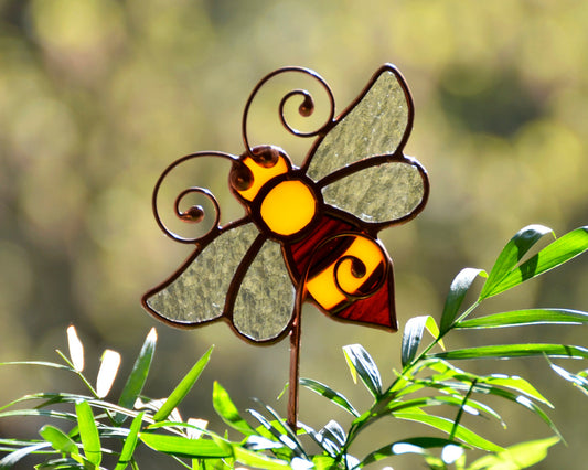 Honey bee stained glass stake, stained glass plant stake, bee pot ornament