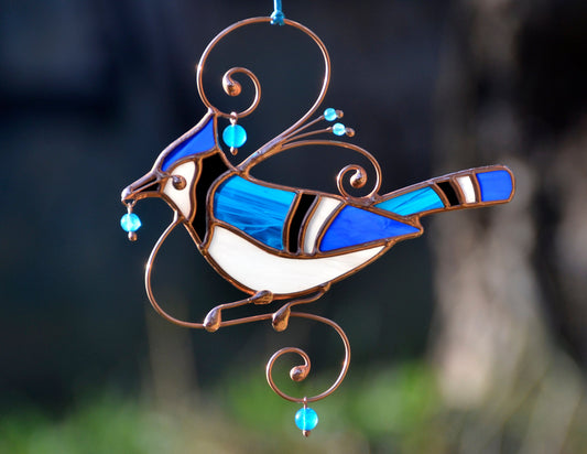Blue Jay Stained Glass Suncatcher – Window Hanging Decoration for Bird Lovers