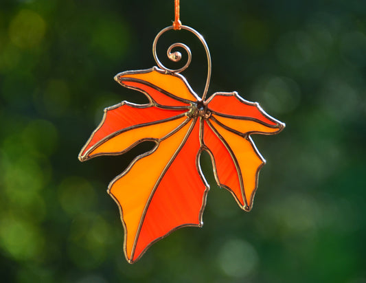 Stain glass autumn leaf suncatcher, fall window decor, Halloween window hangings suncatcher