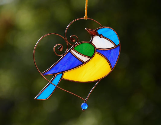 Blue Tit Stained Glass Suncatcher – Window Hanging Bird Ornament
