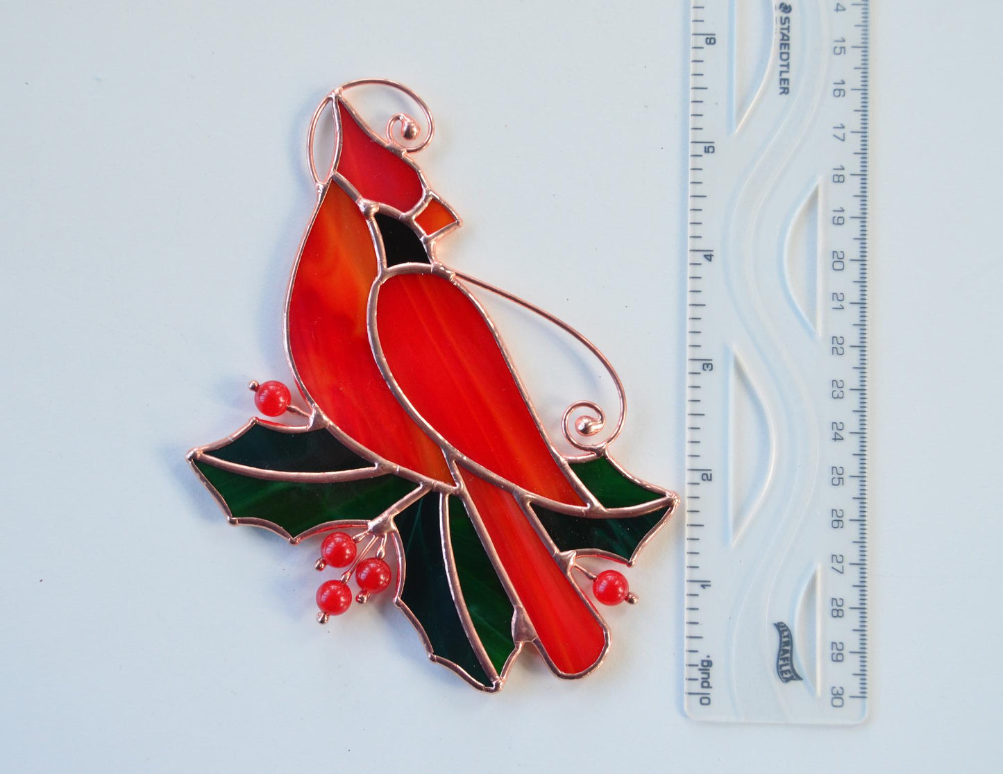 Stained Glass Red Cardinal with Holly Leaves – Handmade Window Hanging Suncatcher