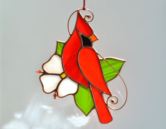 Red Cardinal Stained Glass Suncatchers: Handmade Window Hangings Bird Ornament, Memorial Gift