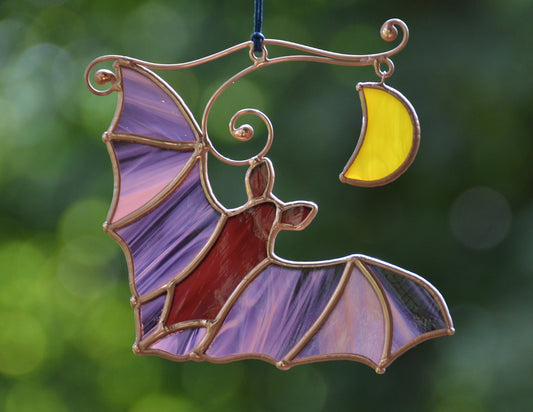Stained Glass Bat Suncatcher: Halloween Moon Window Hanging