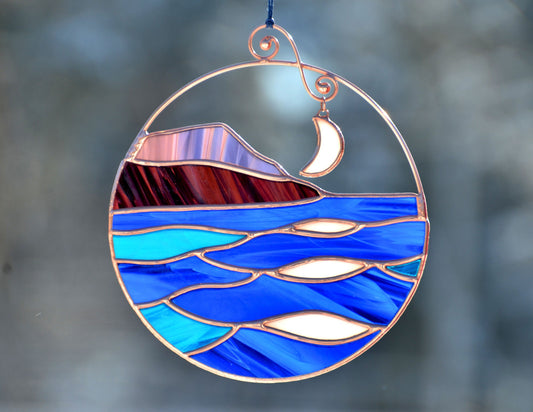 Stained Glass Mountain Suncatcher: Handmade Sea & Moon Window Hanging