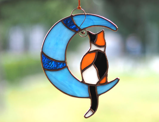 Stained glass calico cat suncatcher, window hangings, pet lost memorial gift