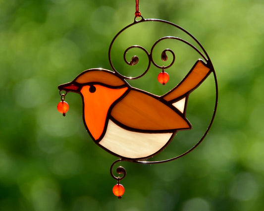 Robin Stained Glass Suncatcher – Handmade Window Hanging Ornament, Bird Lover Gift
