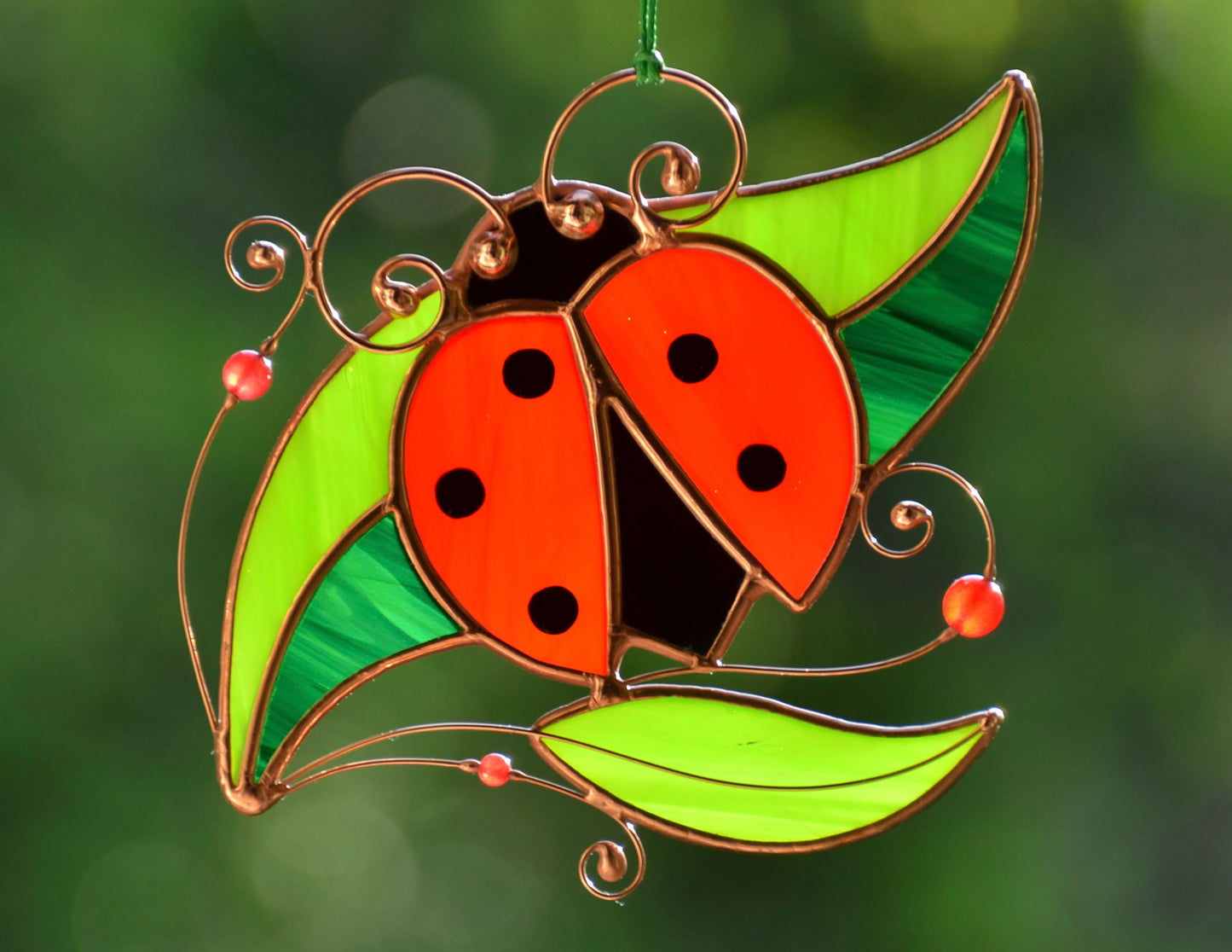Stained glass ladybug suncatcher, window hanging decoration