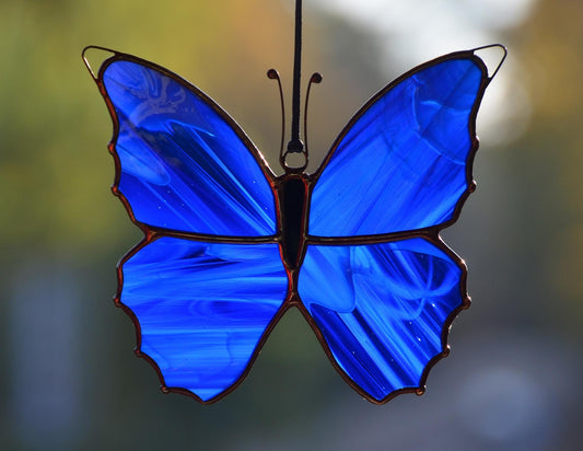 Stained glass morpho butterfly suncatcher, stain glass window hangings, blue housewarming gift, window hanging ornament