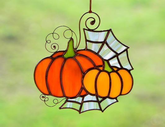 Stained glass pumpkin window hanging, stain glass Halloween suncatcher