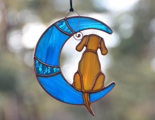 Stained glass dog on moon, dachshund suncatcher, memory gift window hangings