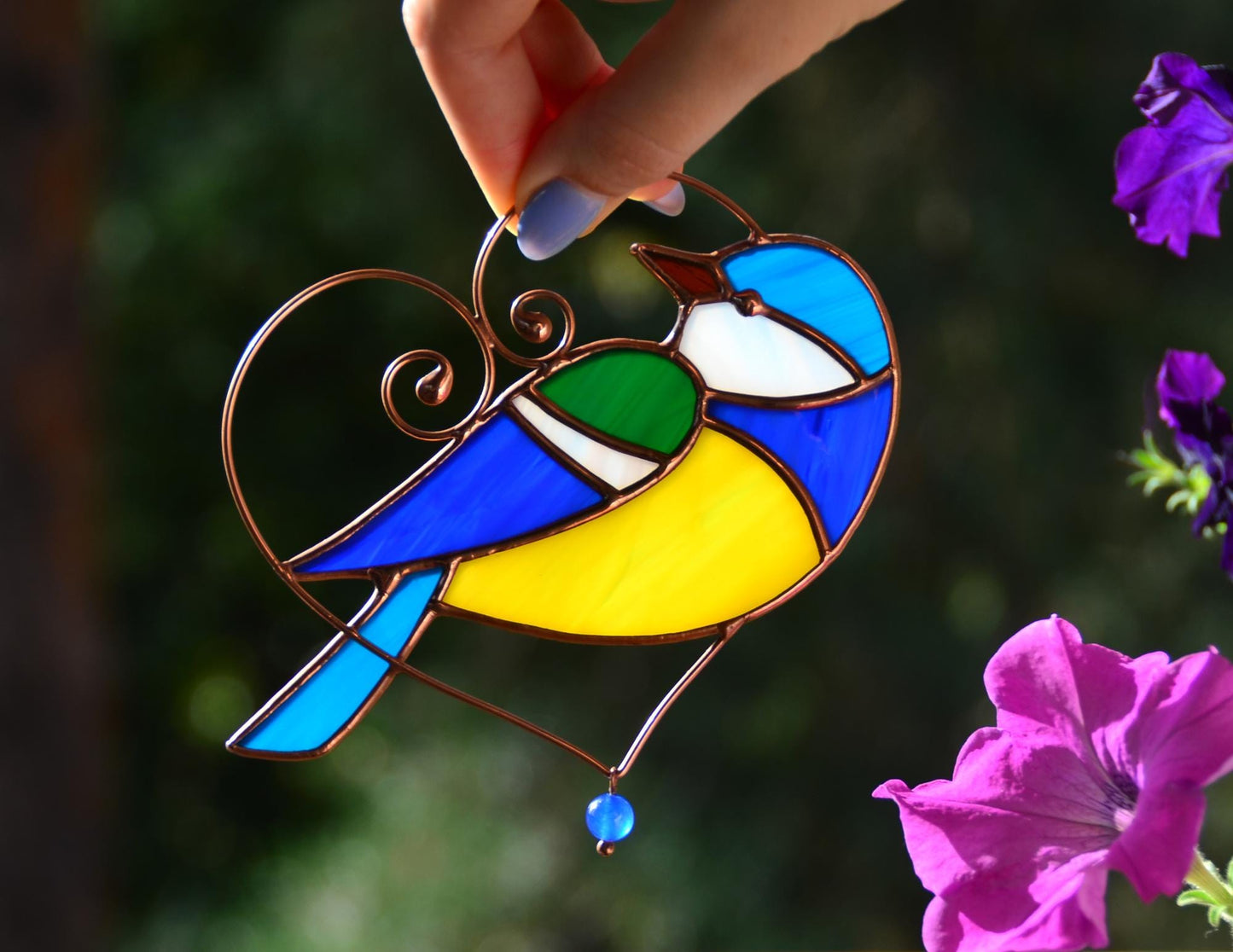Blue Tit Stained Glass Suncatcher – Window Hanging Bird Ornament