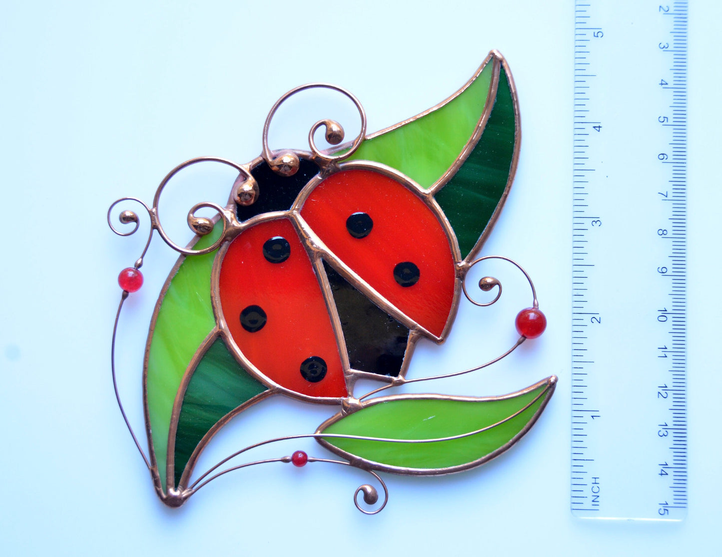 Stained glass ladybug suncatcher, window hanging decoration