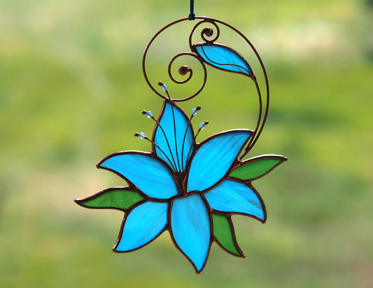 Blue Lily Stained Glass Suncatcher – Handmade Tiffany Flower Window Hanging