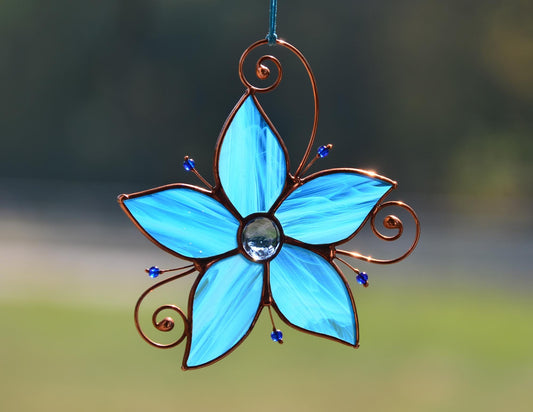 Stained glass blue flower suncatcher, suncatcher for window hanging