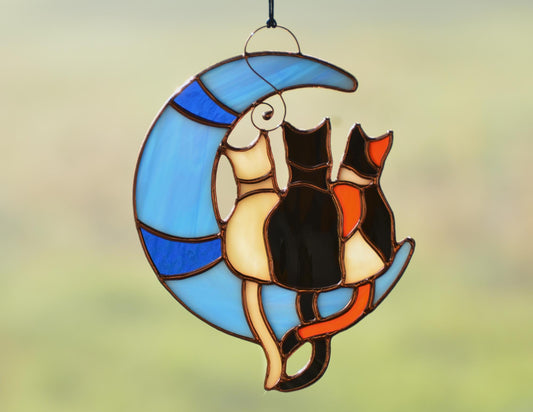 Cats on Moon Stained Glass - Custom Colors - Memorial Pet Lost Gift