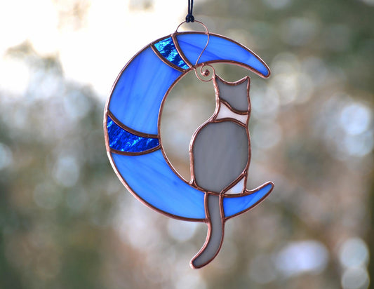 Stained glass gray cat on moon suncatcher, stain glass window hangings, pet loss gift