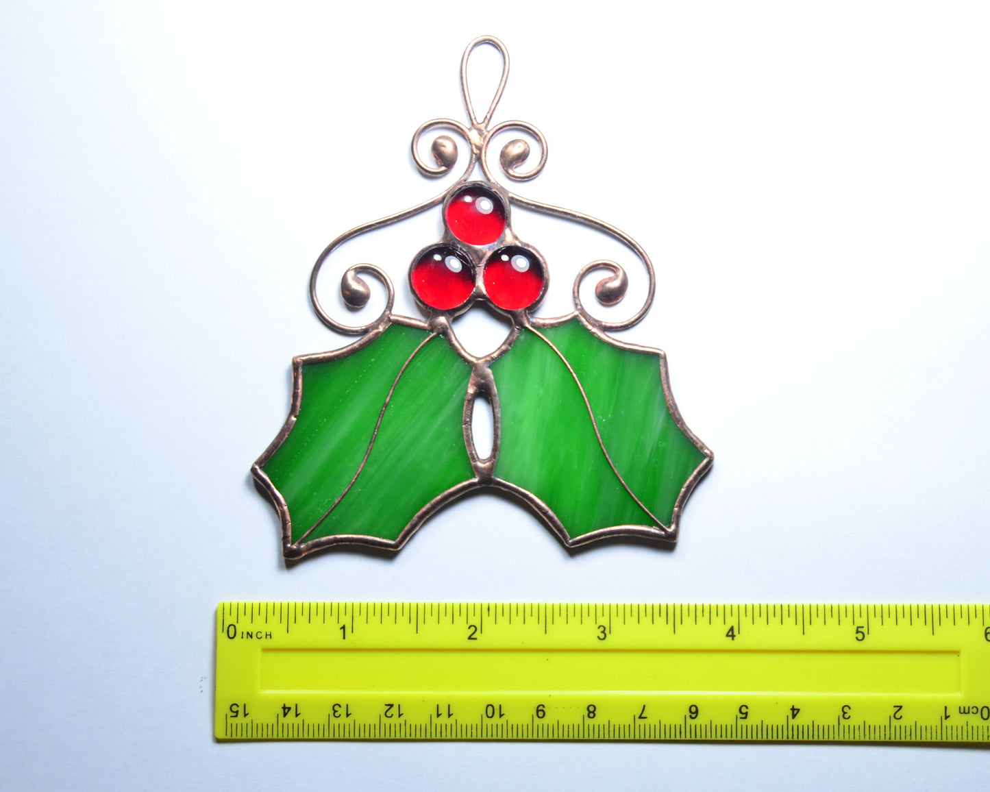 Holly leaves Christmas decor, stained glass ornaments, winter holiday suncatcher, Christmas gift