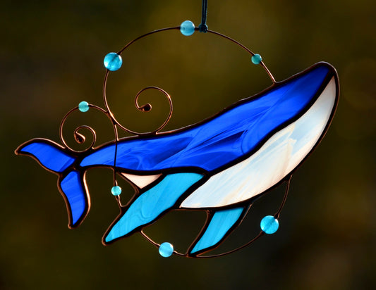 Whale Stained Glass Suncatcher – Ocean Window Hangings – Sea Lover Gift – Nautical Glass Hanging Art