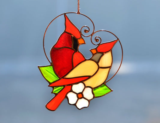 Cardinal Pair Stained Glass Suncatcher – Window Hanging, Anniversary Gift for Bird Lovers
