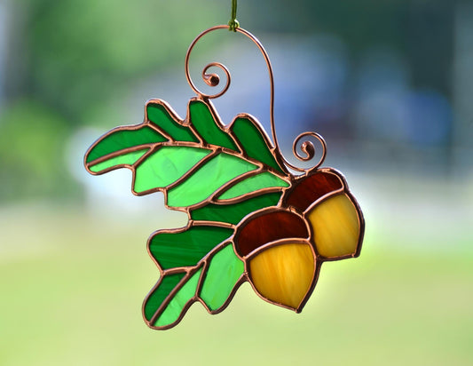 Acorn Stained Glass Suncatcher – Fall Leaves Window Hanging – Autumn Decor – Handmade Glass Ornament