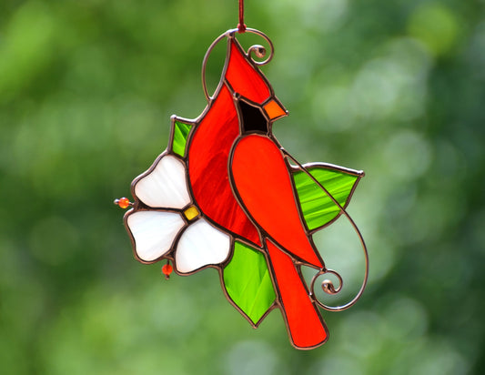 Stained glass cardinal, red cardinal window hangings, stained glass bird suncatchers, memorial gift