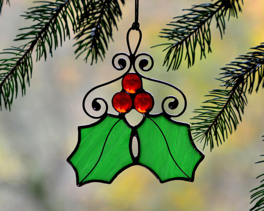 Holly leaves Christmas decor, stained glass ornaments, winter holiday suncatcher, Christmas gift
