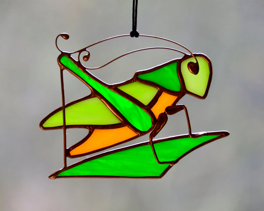 Stained glass suncatcher, grasshopper ornament, window hanging insect decor, bug window hangings