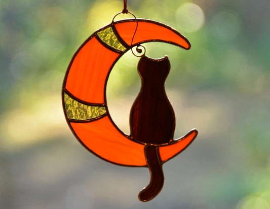 Stained glass window hangings, Halloween black cat suncatcher
