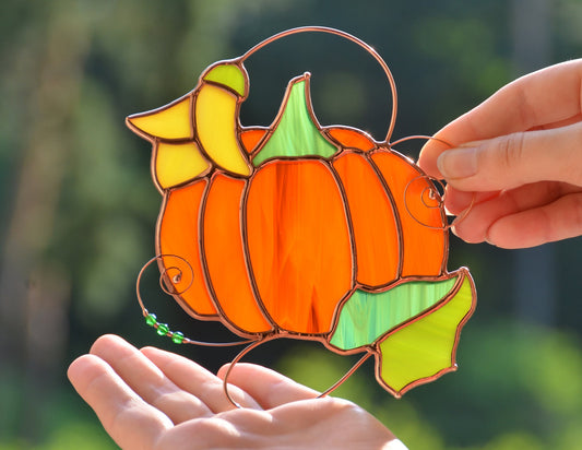 Pumpkin Stained Glass Window Hanging – Fall and Halloween Home Decor