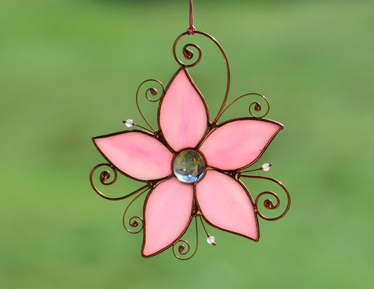 Stained Glass Flower Suncatcher – Pink Window Hanging – Handmade Floral Decor – Summer Gift Idea