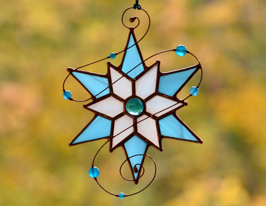 Winter Snowflake Stained Glass Suncatcher – Handmade Holiday Window Ornament