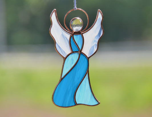 Stained glass angel memorial gift, window hanging ornament, guardian suncatcher