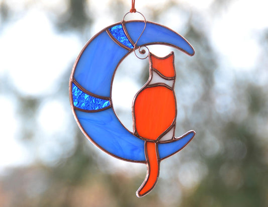 Stained glass cat on moon window hanging, orange cat suncatcher