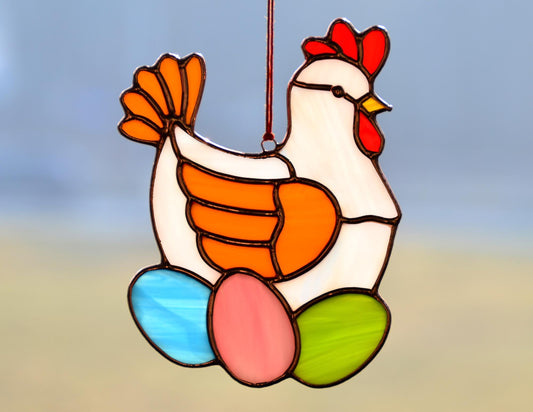 Stained glass chicken with eggs, handmade suncatcher, Easter window hangings