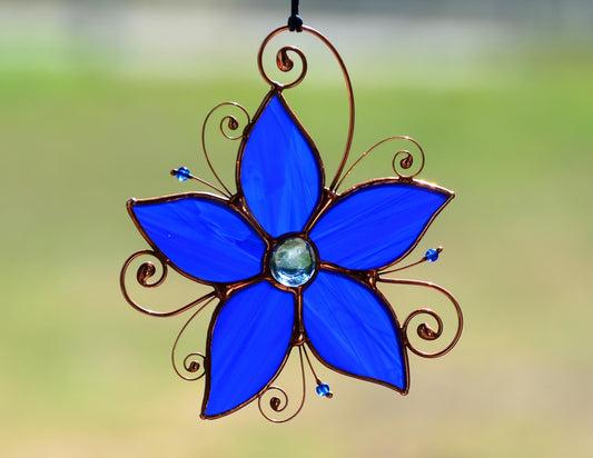 Stained glass window hangings, blue flower sun catcher, glass flower housewarming gift