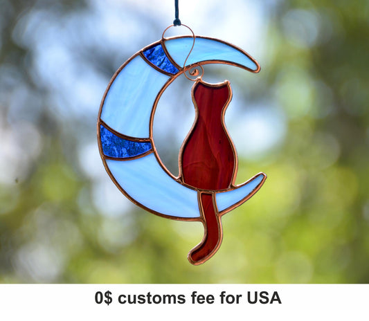 Stained glass cat on moon window hangings suncatcher, pet lost gift, gift for cat lover