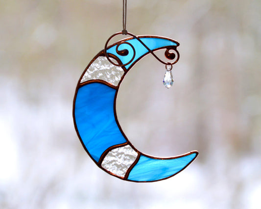Stained glass blue moon crystal suncatcher, window hangings ornament