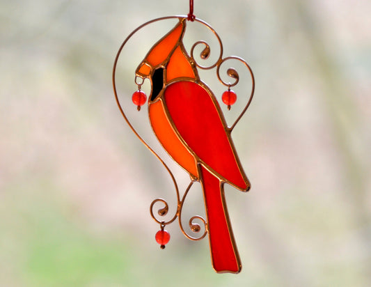 Red Cardinal Stained Glass Suncatcher – Handmade Bird Window Hangings, Memorial Gift Ornament
