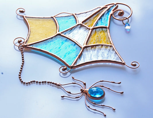 Stained Glass Spider Web Suncatcher – Handmade Window Hanging Fall Decor