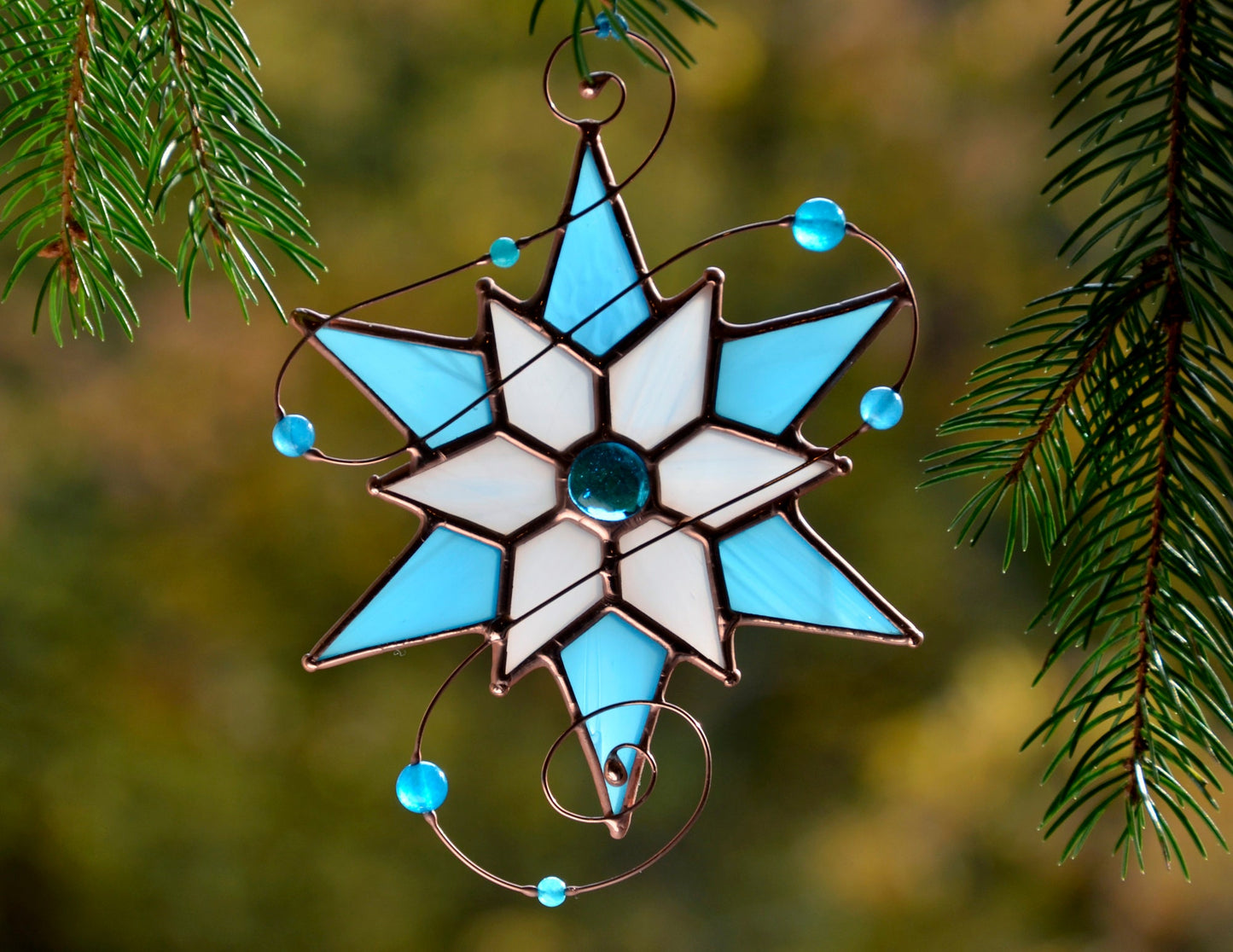 Winter Snowflake Stained Glass Suncatcher – Handmade Holiday Window Ornament