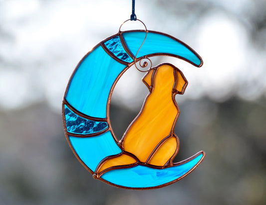 Stained Glass Dog on Moon – Pet Memorial Suncatcher – Dog Loss Sympathy Gift – Window Hanging Keepsake – Celestial Dog Decor