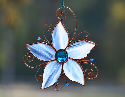 Stained Glass Flower Suncatcher Copper Wired – Handmade Window Hanging Flower Suncatcher