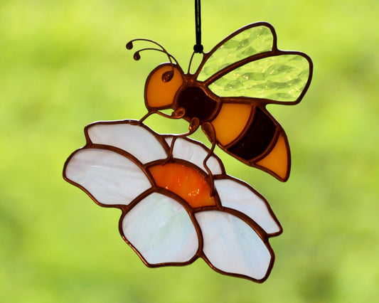 Stained glass hanging bee suncatcher for window