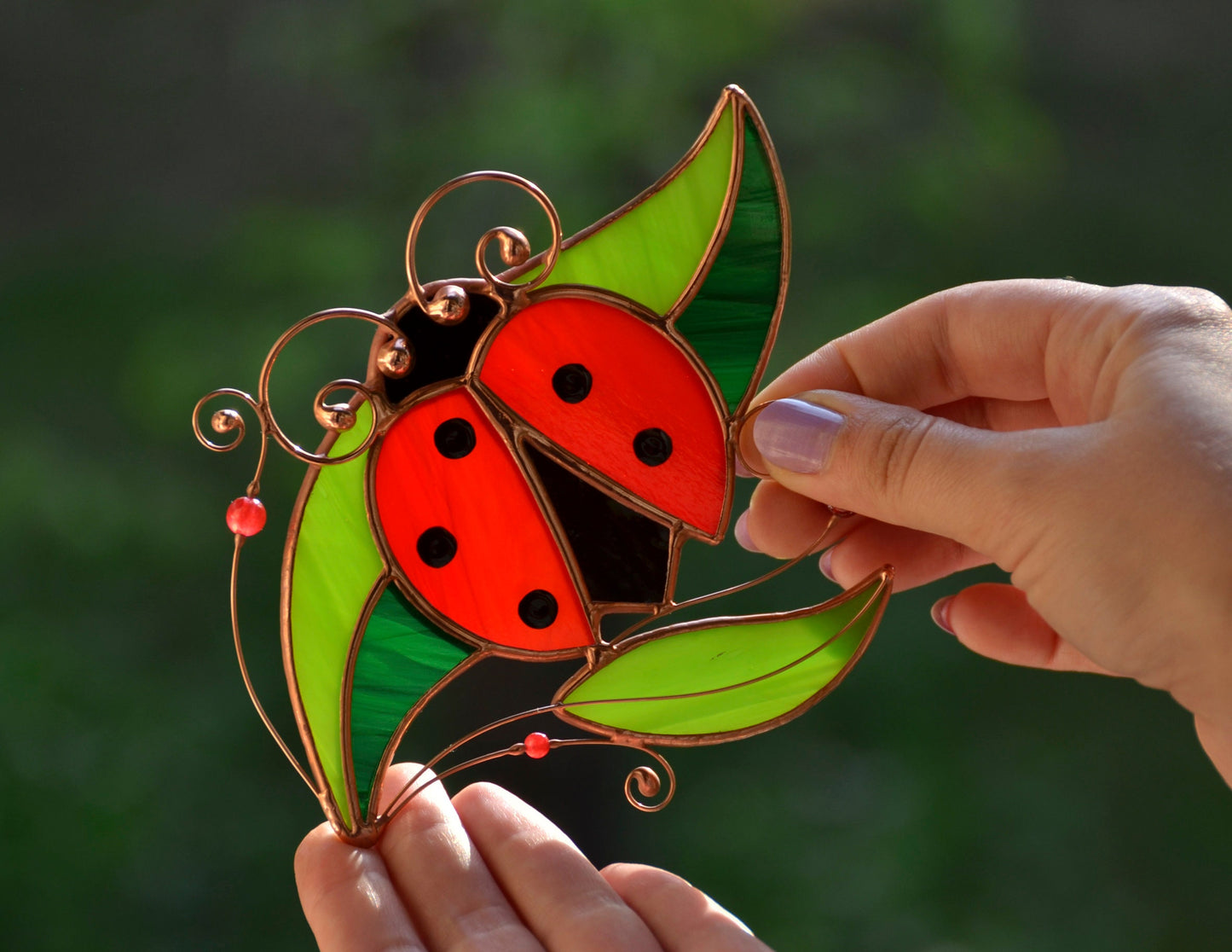 Stained glass ladybug suncatcher, window hanging decoration